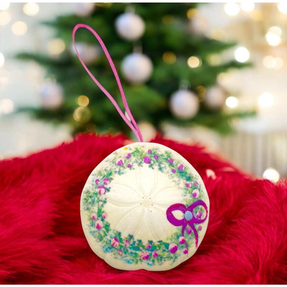 Hand Painted Sand Dollar Christmas Ornament Floral Wreath & Bow Design Coastal
